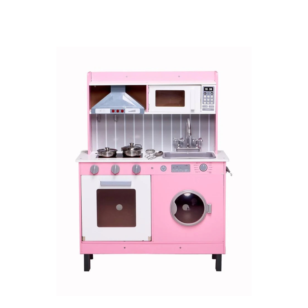 Deluxe Pink Wooden Play Kitchen with Lights and Sounds