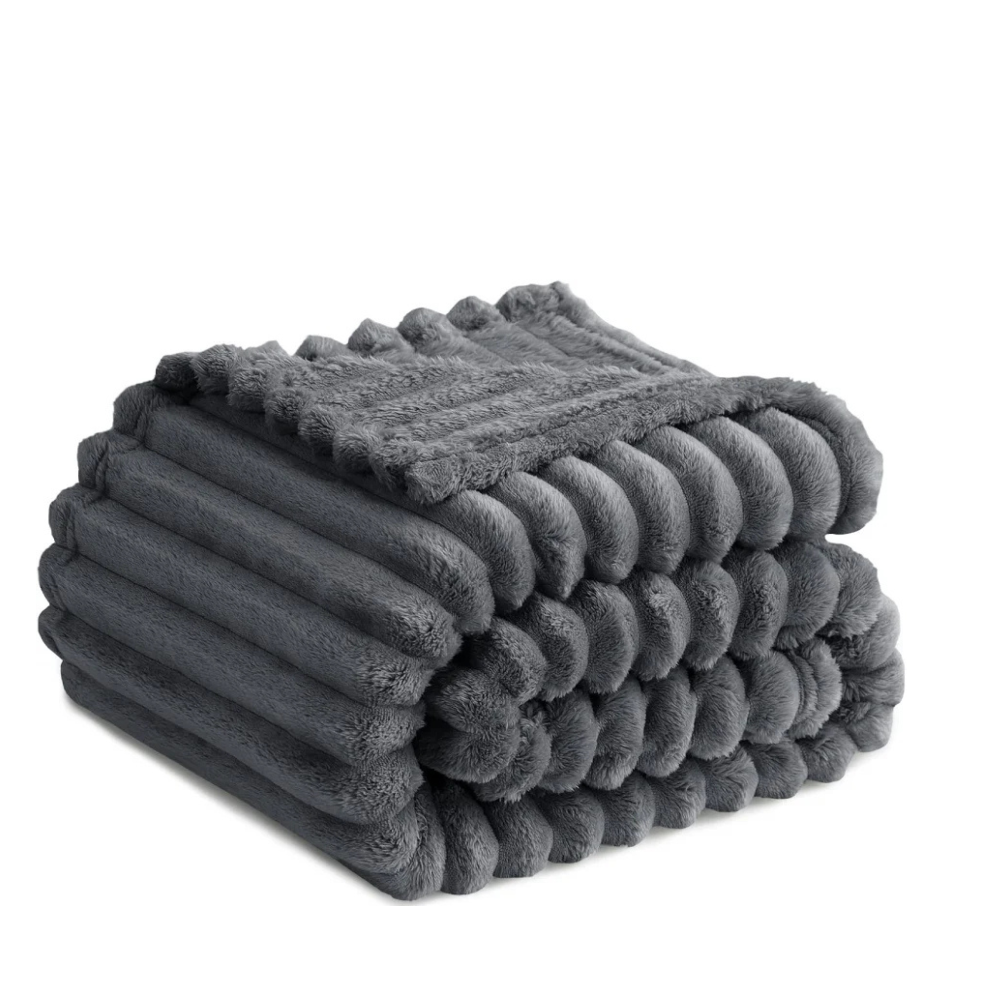 RUIKASI Fleece Throw Blanket for Sofa - Single Fluffy Grey Throws for Sofas Large, Soft Warm Blanket Throw for Couch, Luxury Decorative Ribbed Bed