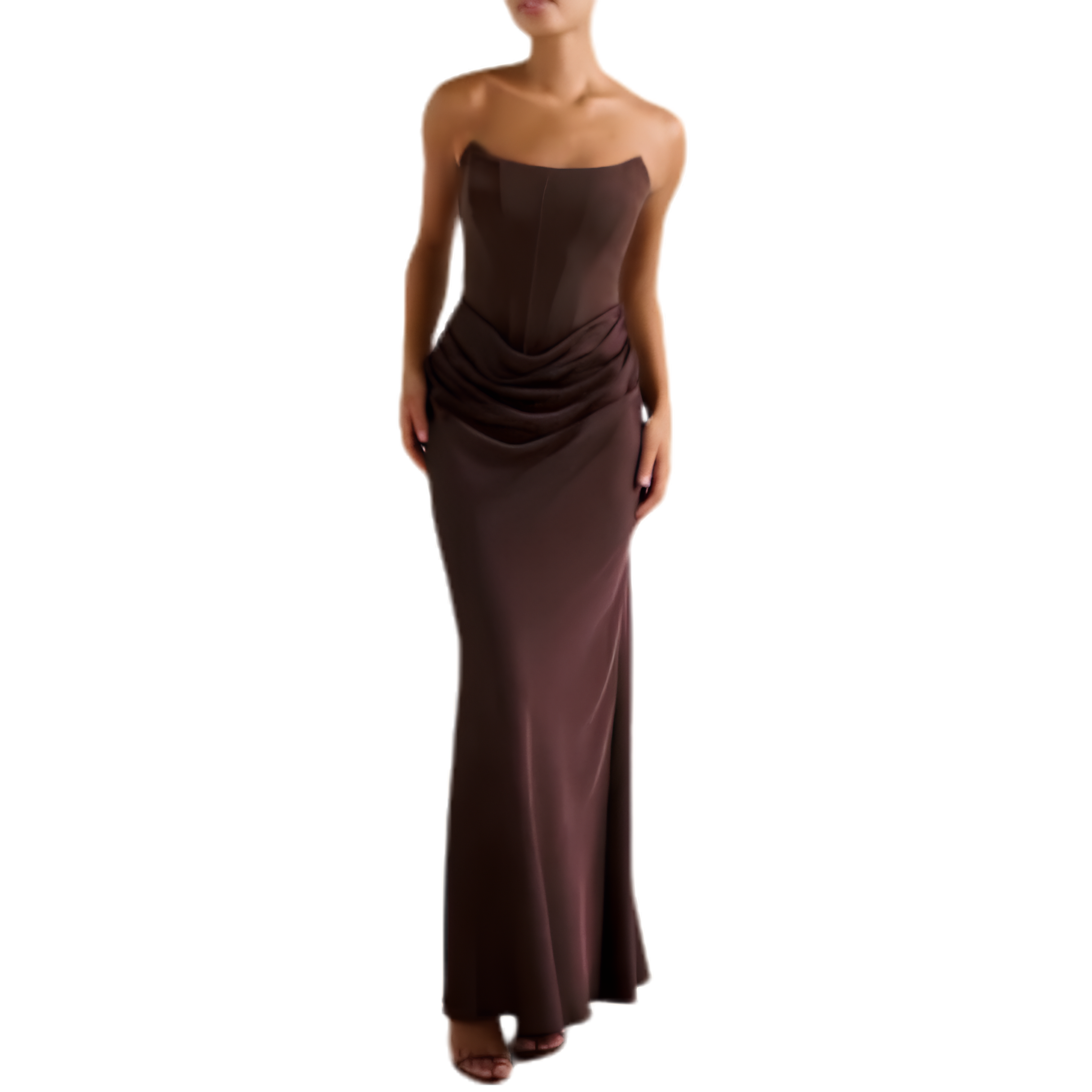 Dark brown corset top silhouette maxi dress