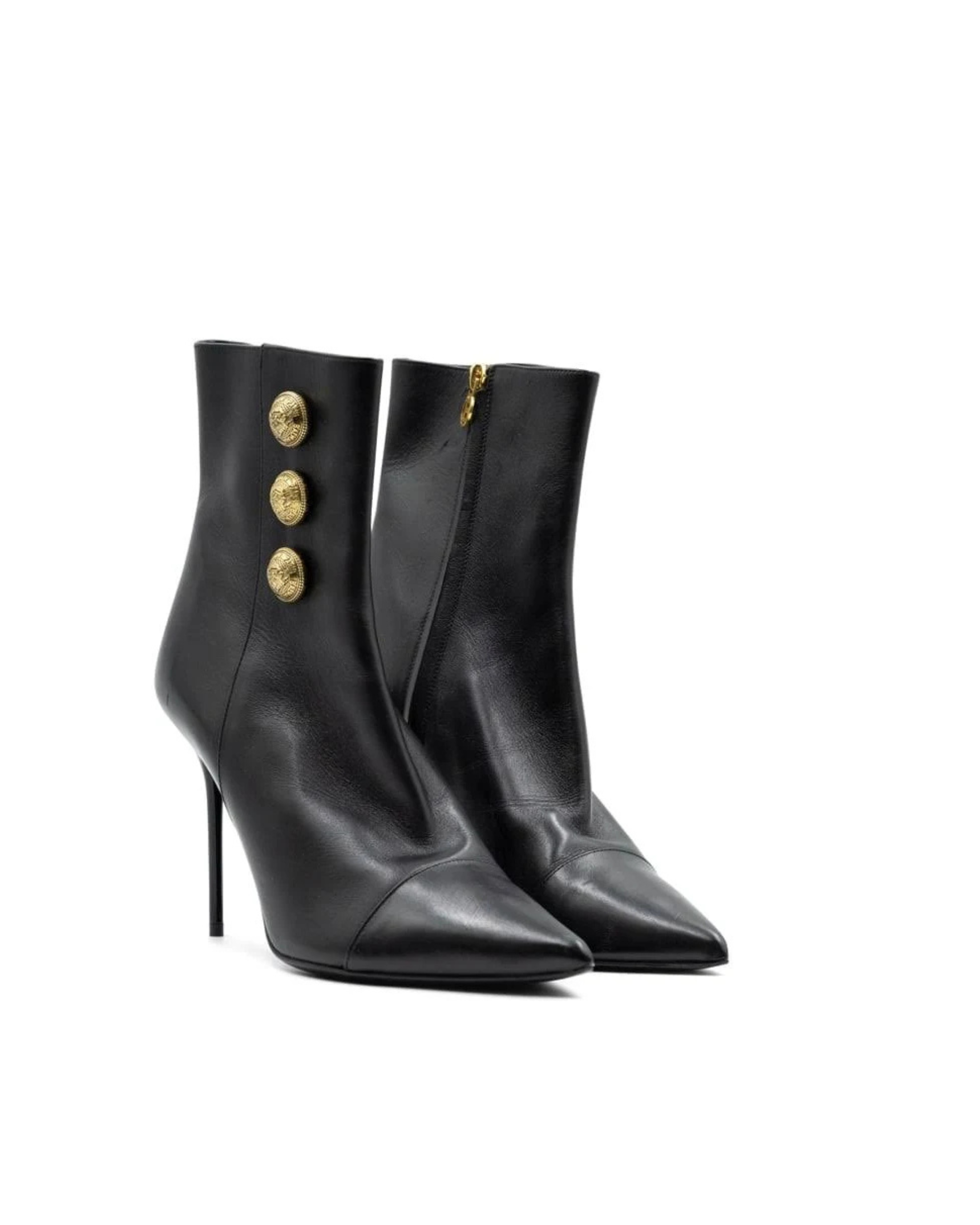 Balmain Roni Button Black Leather Heeled Ankle Boots